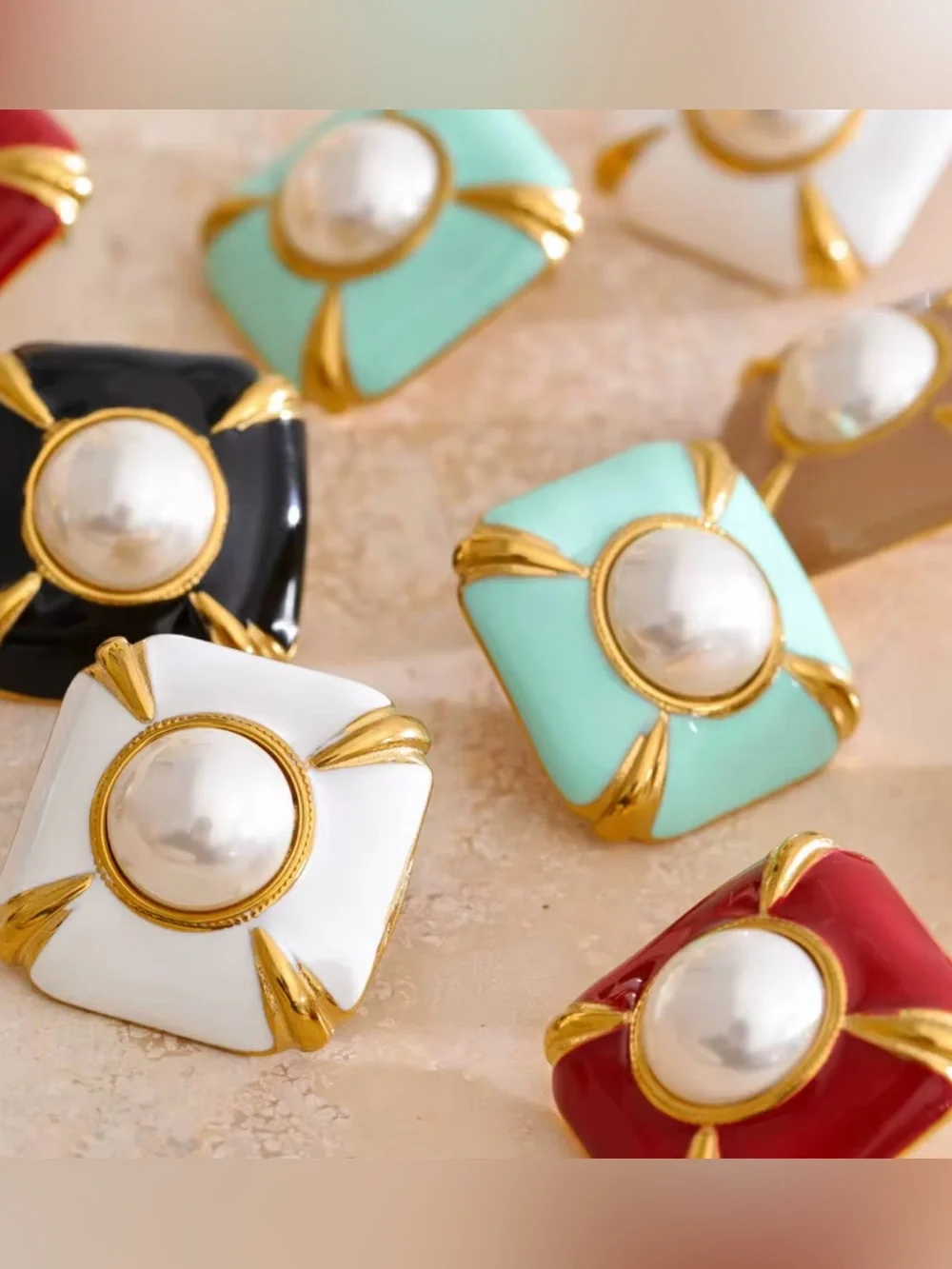 Turquoise Enamel Pearl Stud Earrings | Gold Plated Vintage Statement Earrings